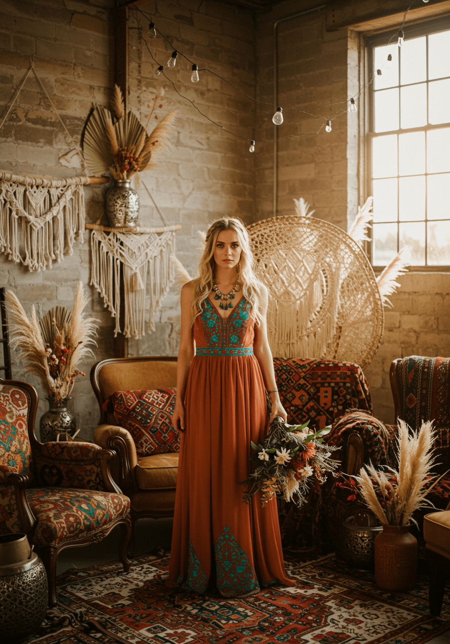 Bohemian bride in terracotta dress with teal embroidery among eclectic vintage furniture in warehouse space