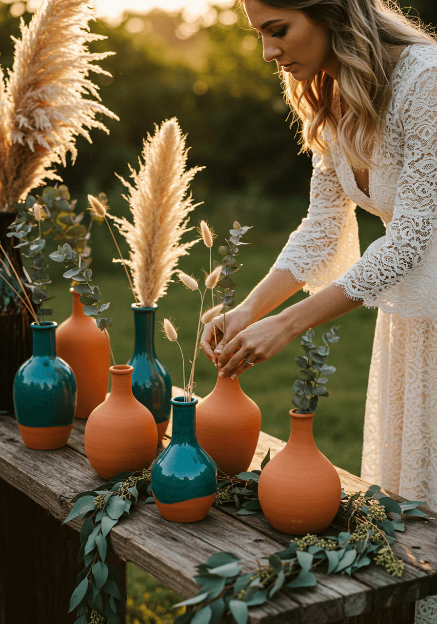 Bride arranging handcrafted terracotta and teal ceramic vases on rustic wooden ceremony altar