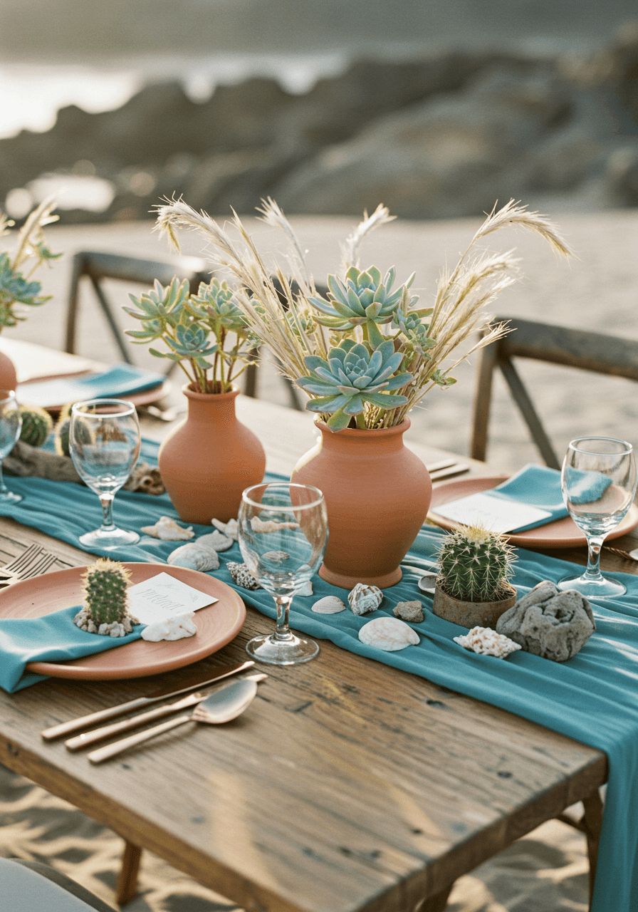 Coastal desert wedding tablescape where sand meets rocky coastline with terracotta pottery and succulents