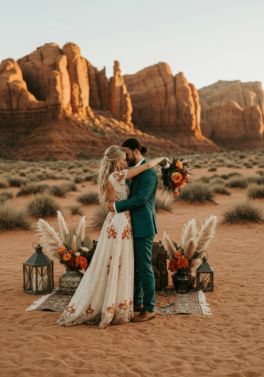 Bride and groom sharing first dance on desert sand surrounded by red rock formations at golden hour