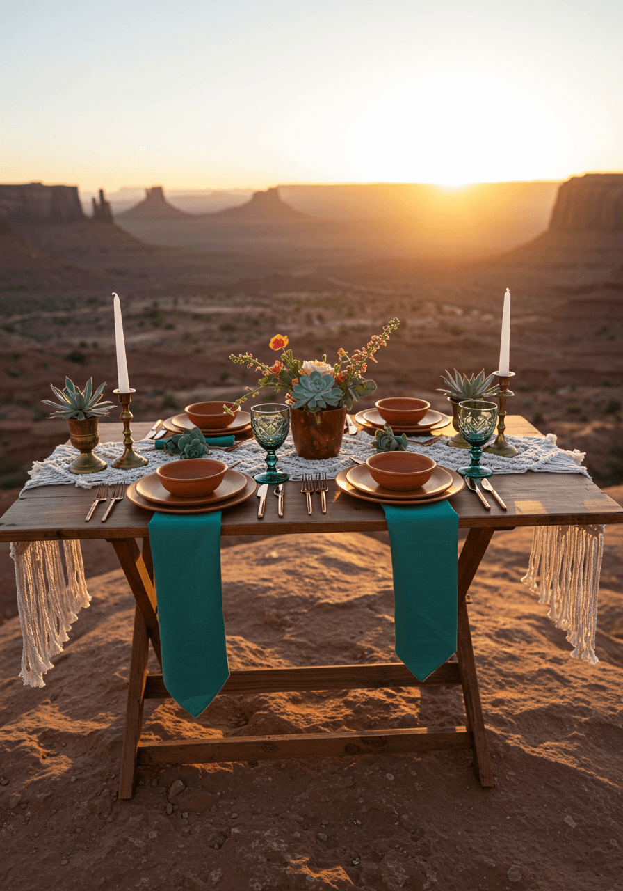 Close-up of desert wedding tablescape with terracotta ceramics and succulents overlooking mesas