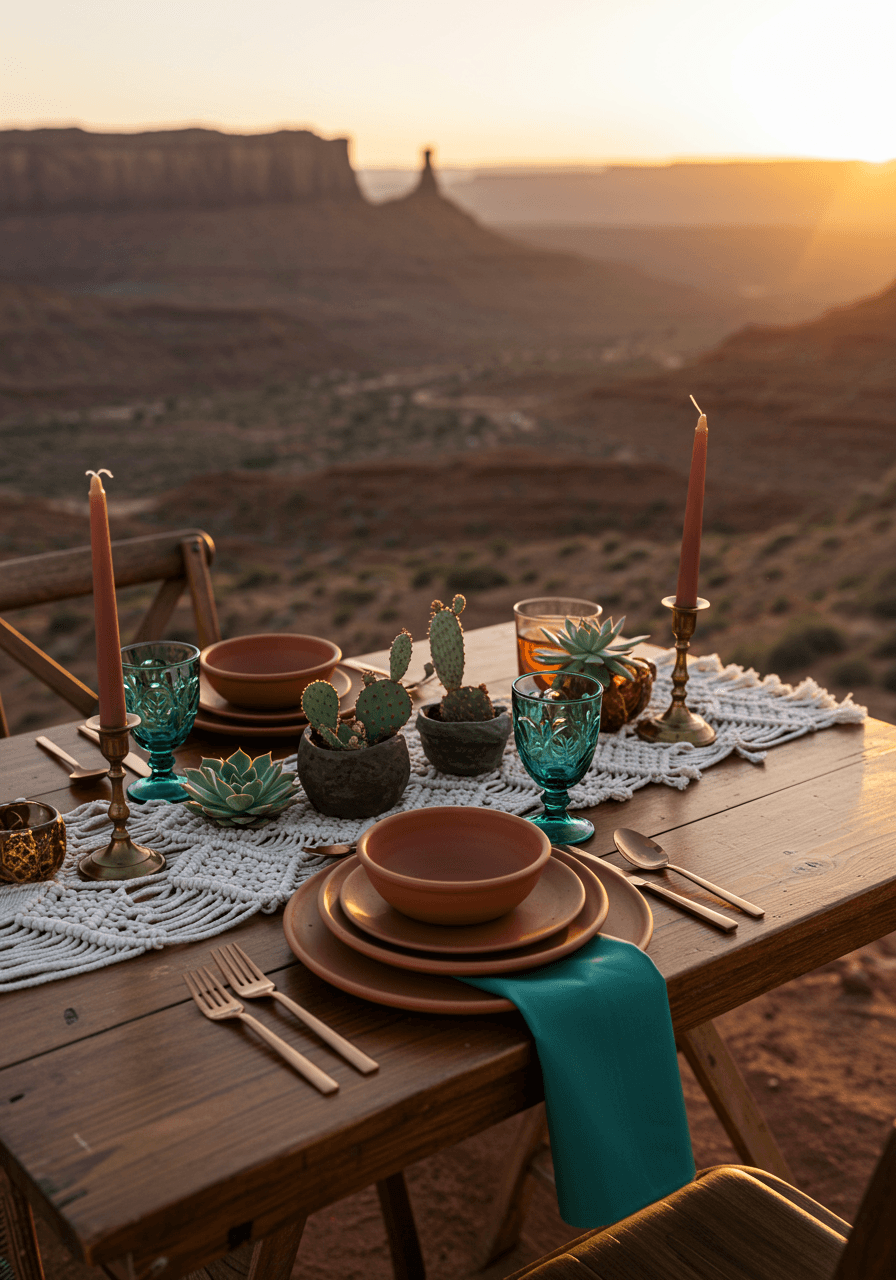 Intimate wedding reception table for two on desert overlook with canyon views at sunset