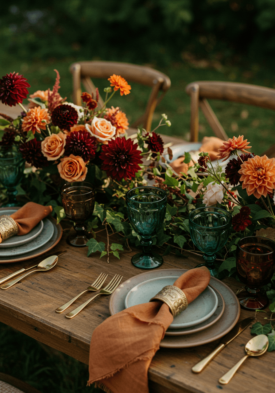 Elegant vintage china tablescape with jewel-toned florals and brass cutlery among wild garden flowers