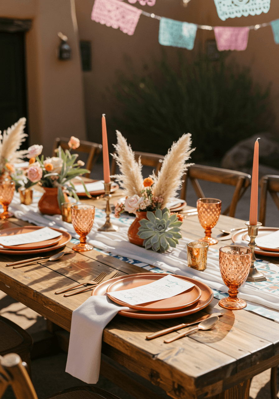 Elegant southwestern wedding tablescape with terracotta dinnerware and papel picado in adobe courtyard