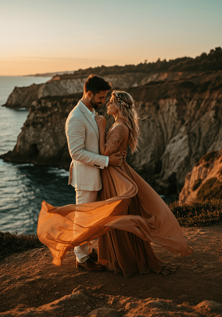 Romantic couple portrait on clifftop with flowing terracotta dress and ocean sunset backdrop
