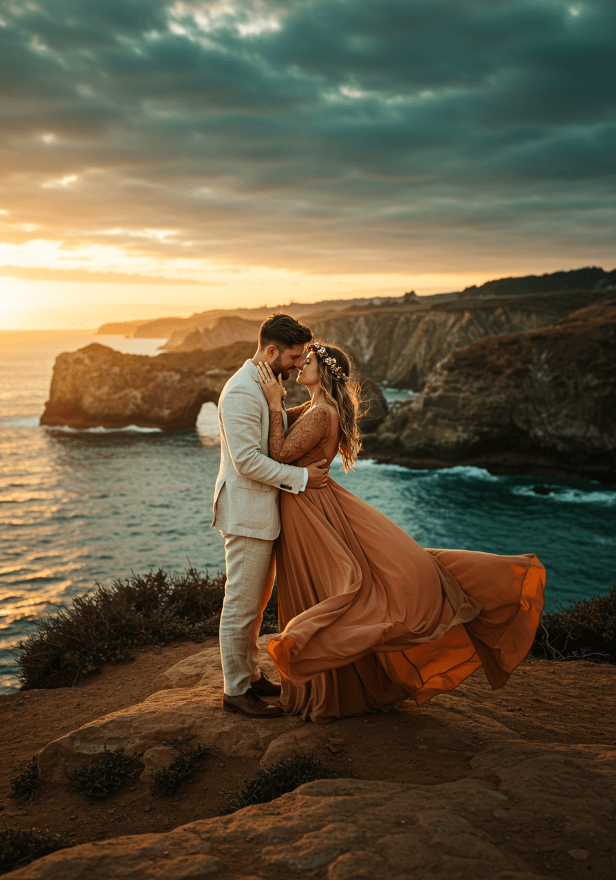 Bride and groom intimate moment on ocean cliff at sunset in terracotta and cream attire