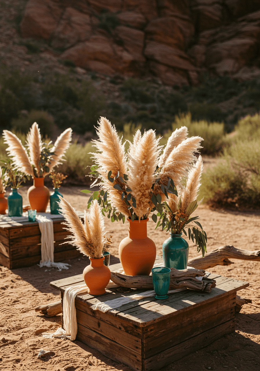 Close-up detail of terracotta vessels filled with eucalyptus and pampas grass on wooden tables