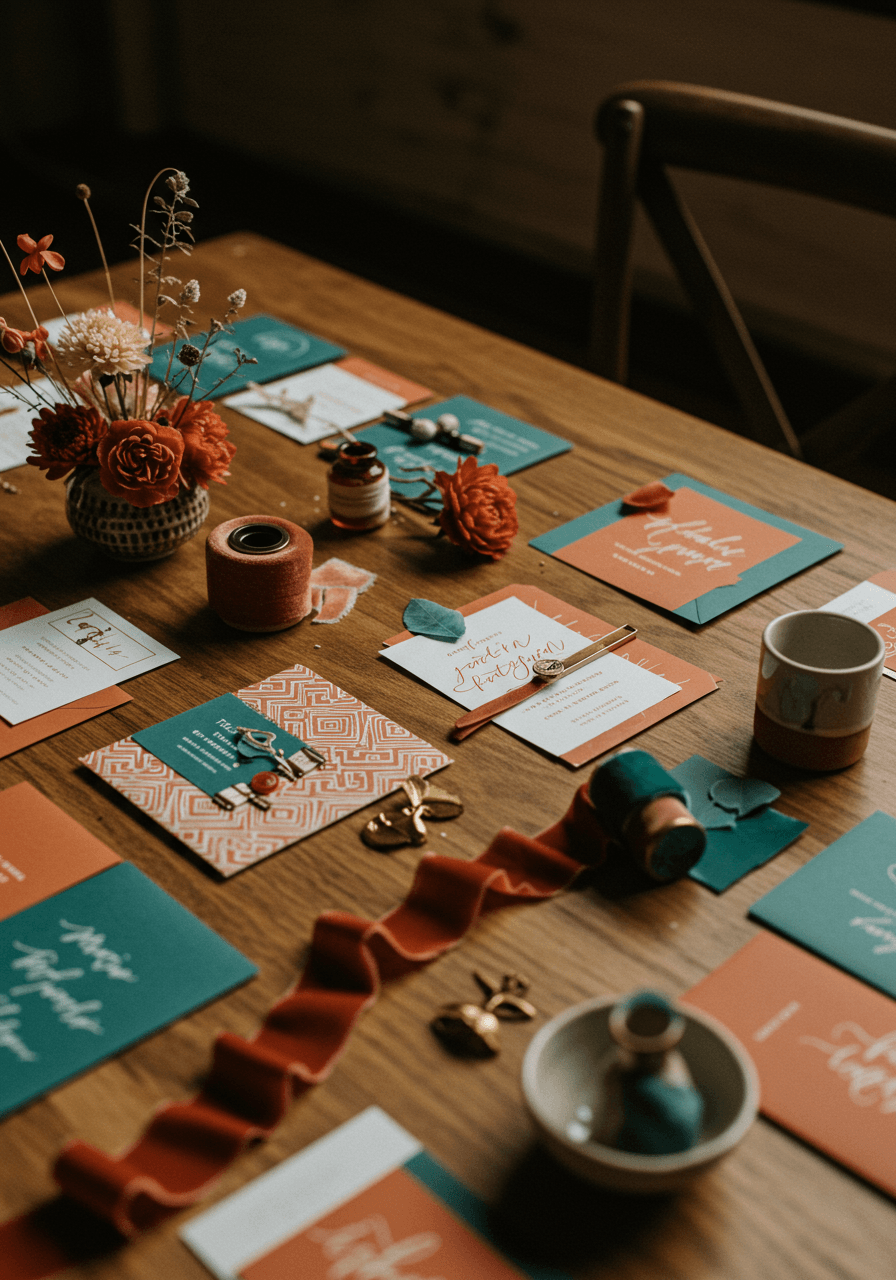 Curated collection of hand-lettered invitations with geometric patterns and velvet ribbons arranged artistically