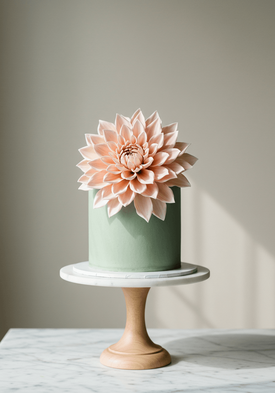 Single-tier blush wedding cake featuring one large statement sugar dahlia flower