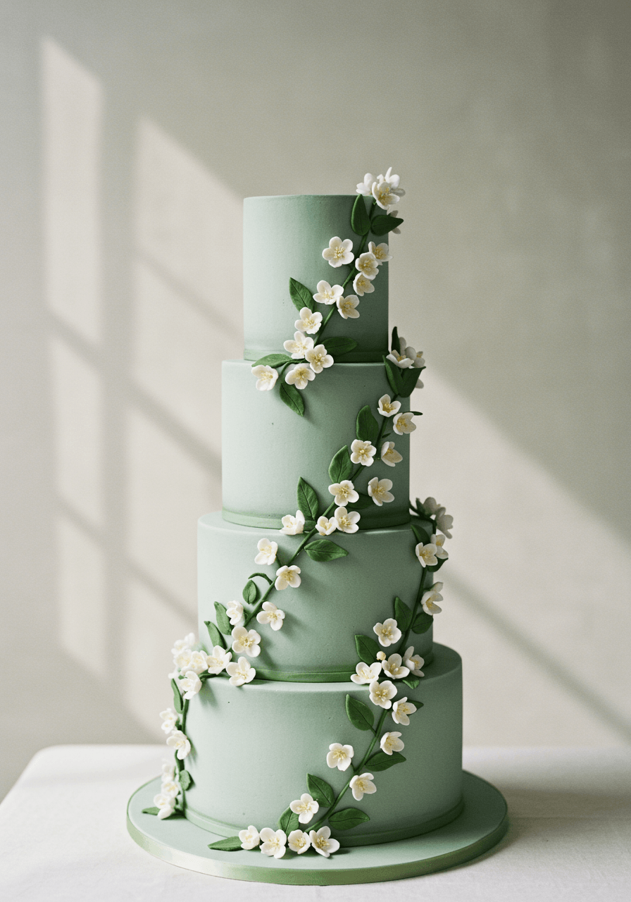 Elegant white wedding cake with jasmine vines climbing up the tiers