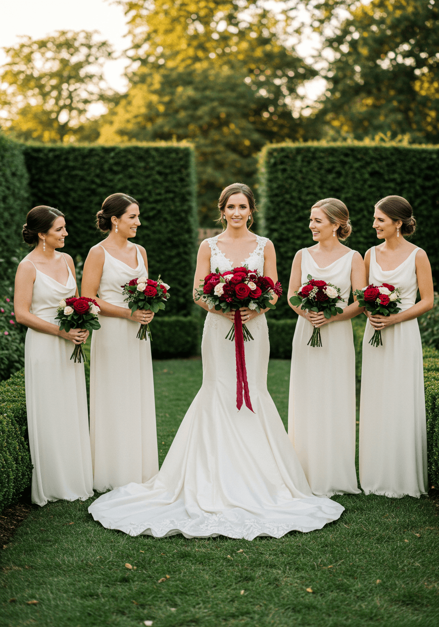 Bride holding burgundy rose bouquet with bridesmaids in white dresses in English garden