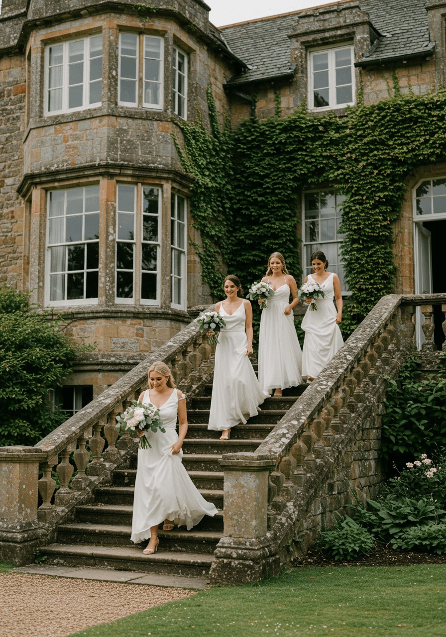 Four bridesmaids in white and cream dresses walking down stone manor steps in procession