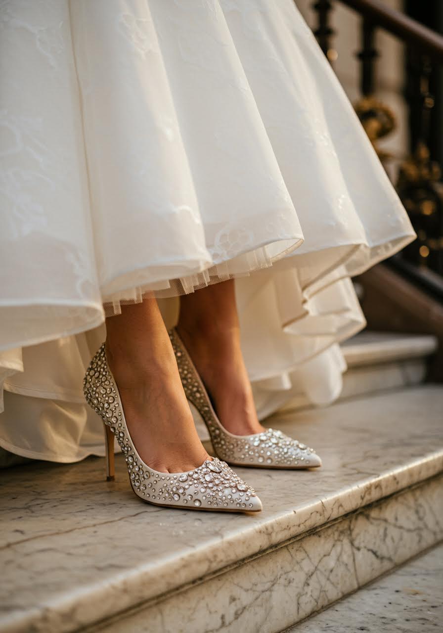 Sparkling rhinestone wedding pumps catching golden light on marble surface