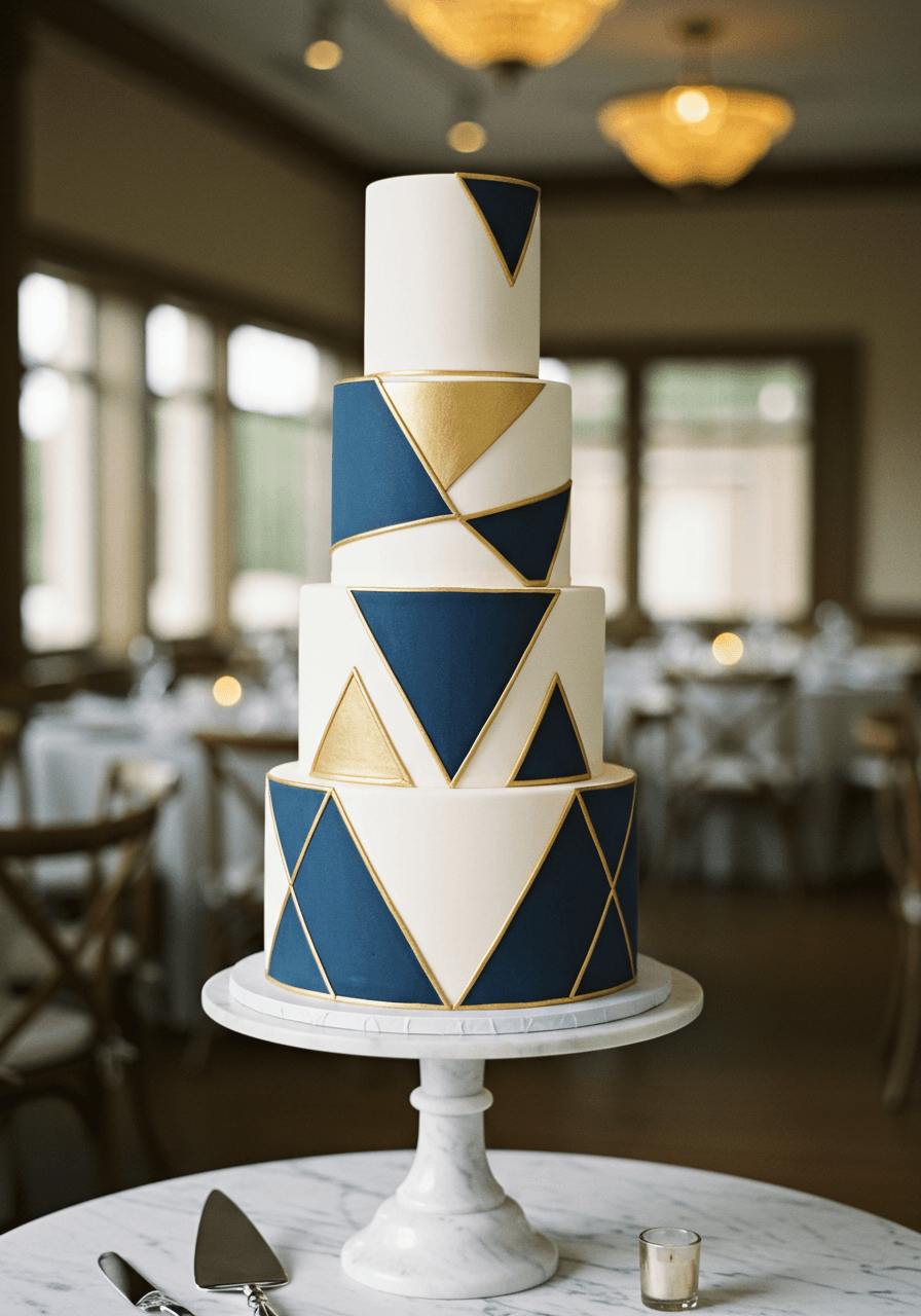 Multi-tiered white wedding cake with hand-painted geometric patterns in deep navy and gold