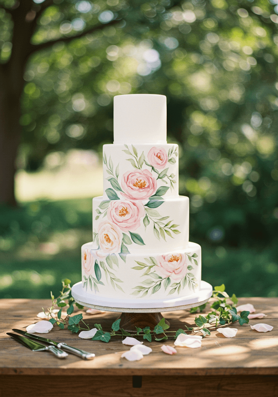 Three-tier wedding cake with hand-painted botanical motifs including pink peonies and trailing ivy on rustic wooden table