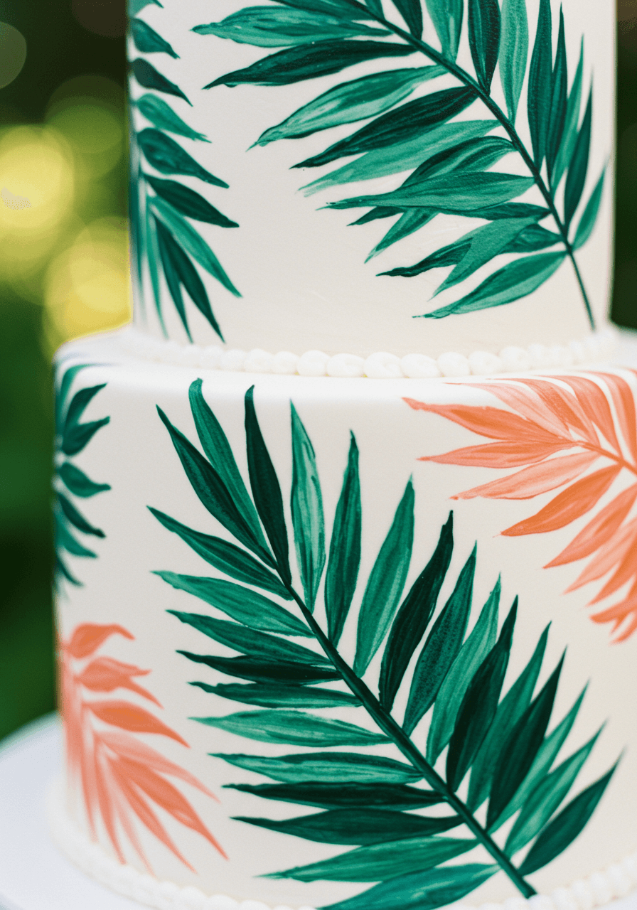 Close-up detail of watercolour palm leaf artwork on wedding cake with coral pink highlights
