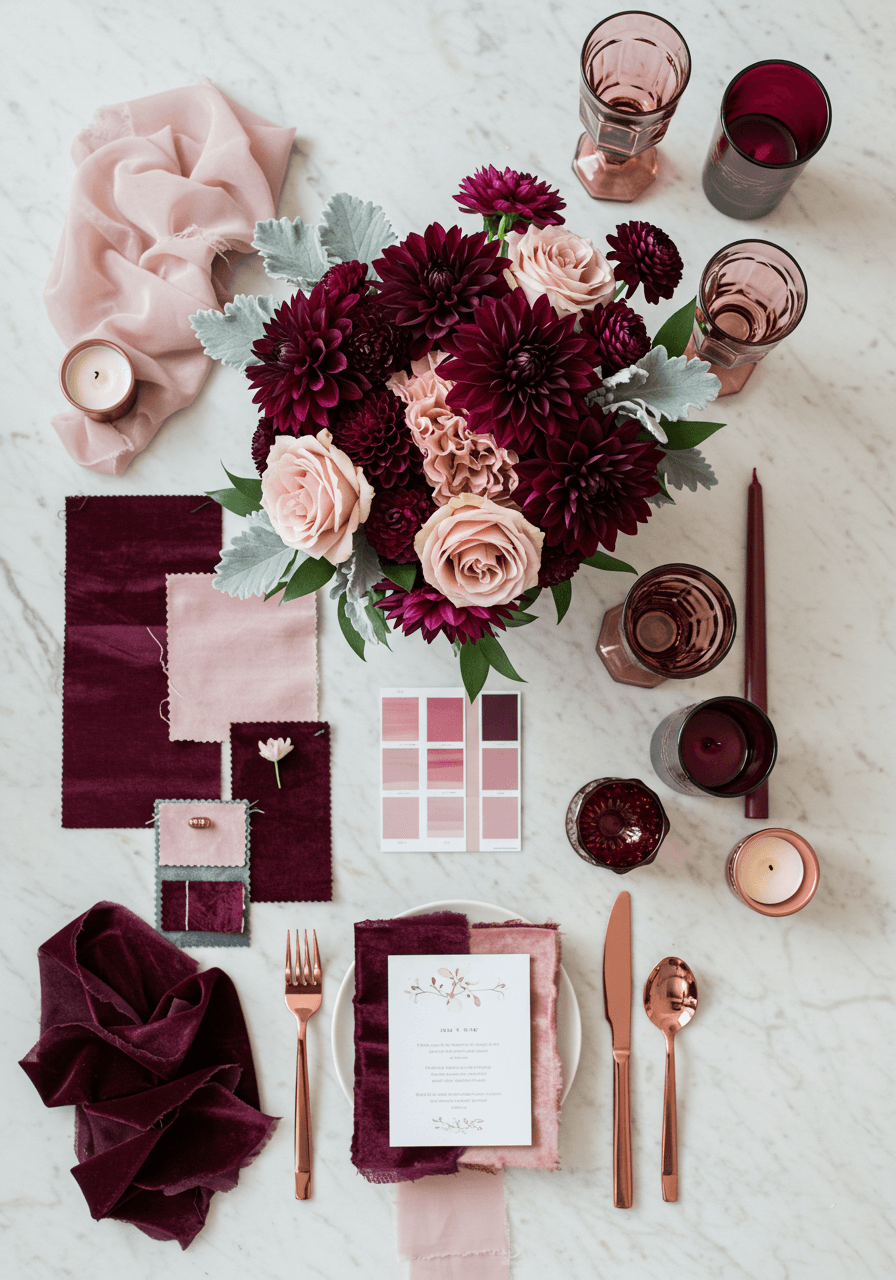 Burgundy and blush wedding bouquet with dahlias, roses, and dusty miller on white marble