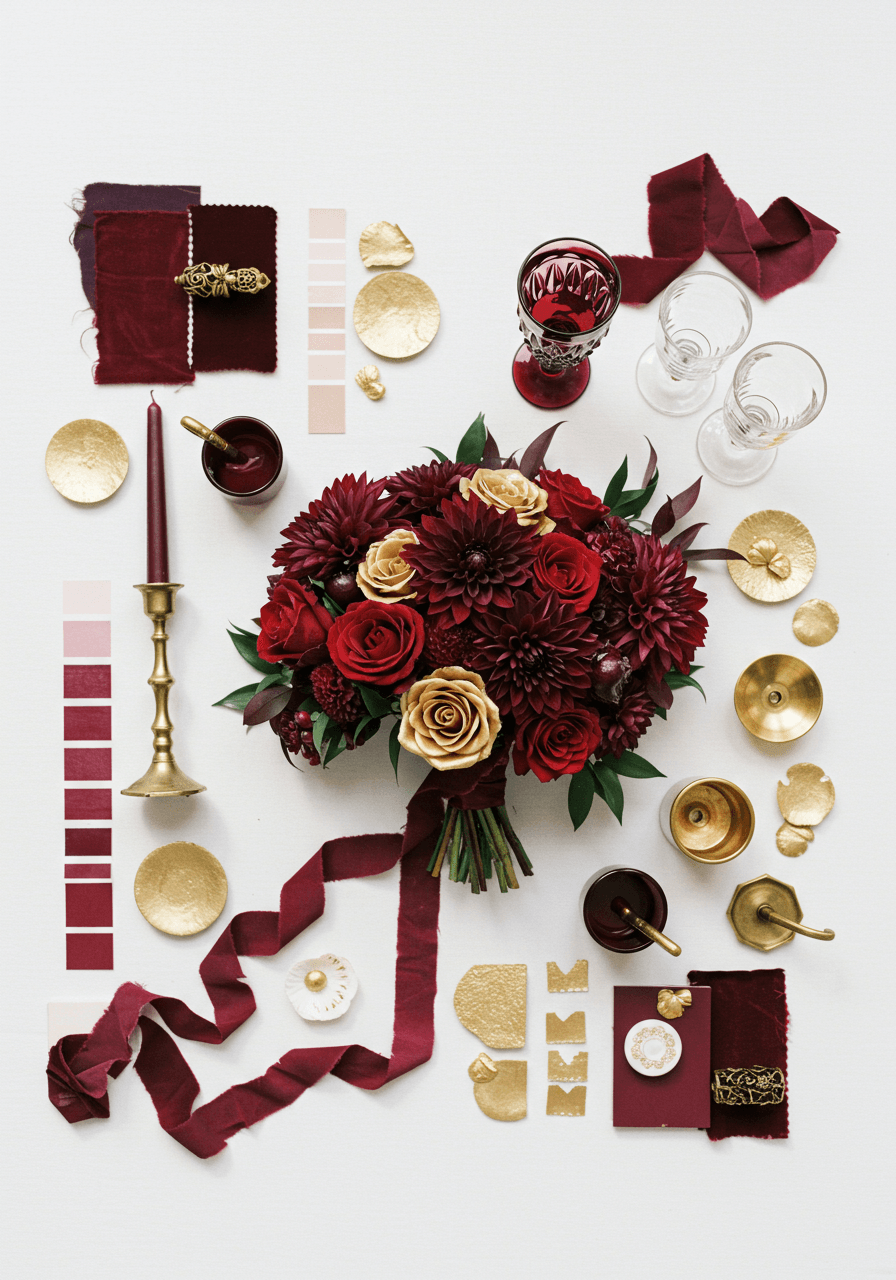 Burgundy and gold wedding mood board with deep red roses, burgundy dahlias, and metallic gold details