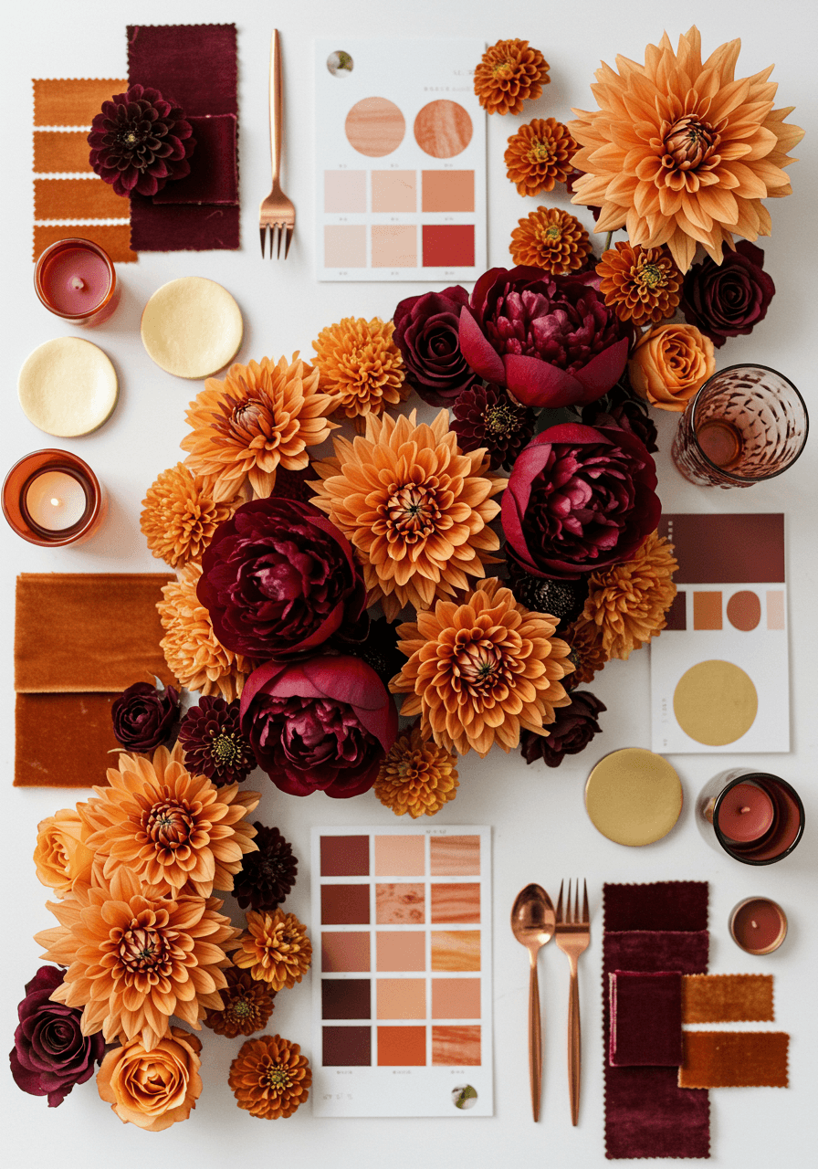 Burnt orange and burgundy wedding mood board with dahlia blooms, chrysanthemums, and gold metallic accents