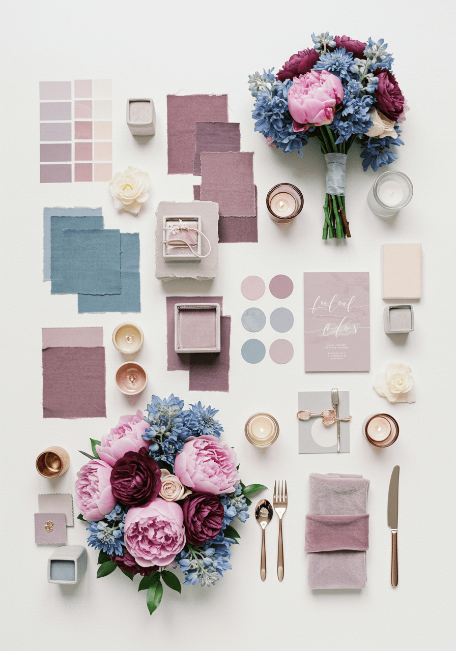 Mauve and dusty blue wedding mood board with peonies, delphiniums, and metallic rose gold accents