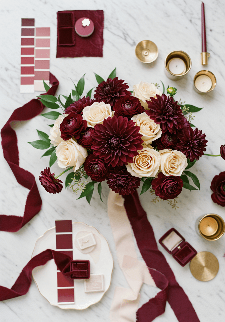 Deep burgundy and cream wedding bouquet with dahlias, garden roses, and elegant gold accents