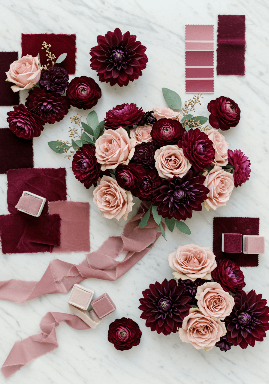 Deep plum and dusty rose wedding bouquet with rich purple dahlias and soft garden roses