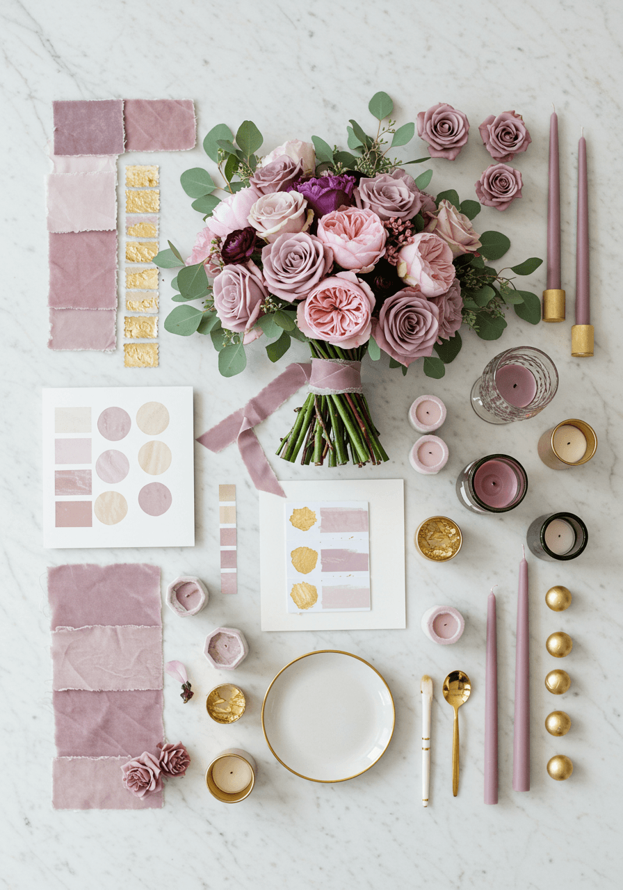 Mauve and gold wedding bouquet with dusty pink peonies and elegant gold metallic details on marble