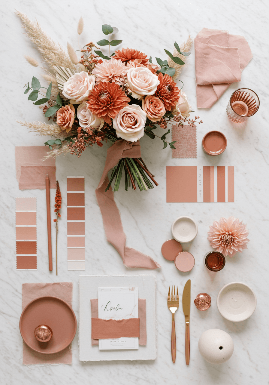 Dusty rose and terracotta wedding inspiration board with blush roses, terracotta ranunculus, and rose gold accents on marble