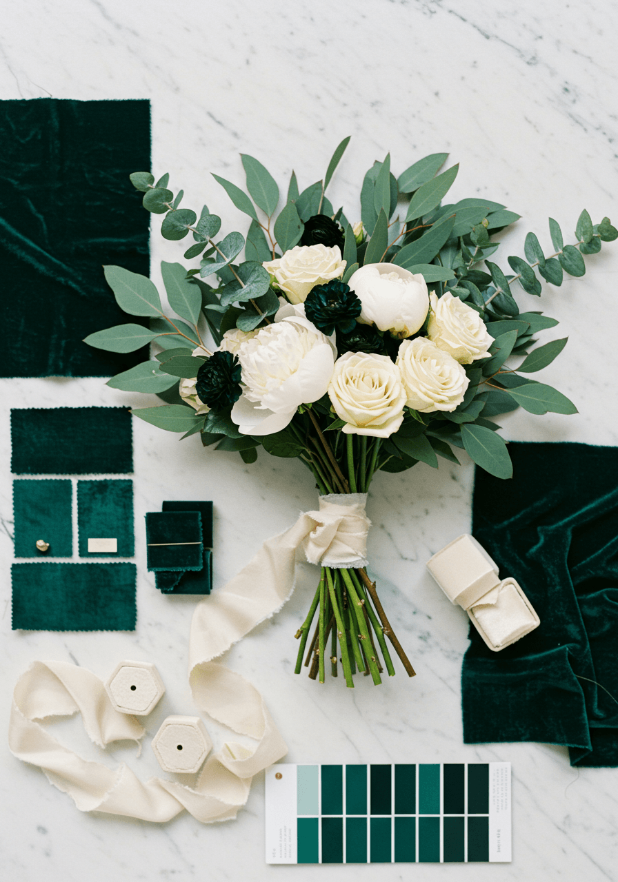 Emerald green and ivory bridal bouquet with white peonies, garden roses, and eucalyptus on marble surface