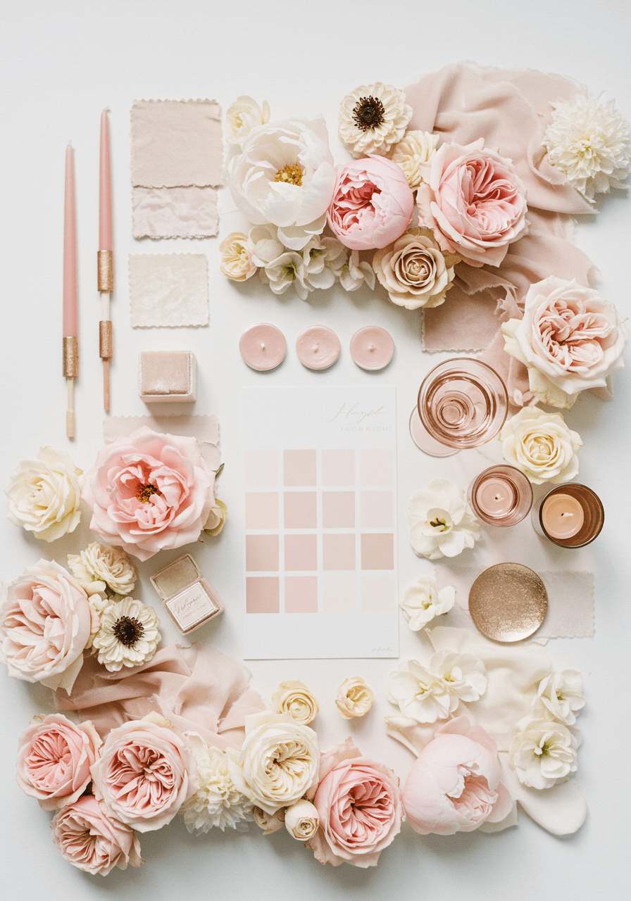 Soft blush and champagne wedding mood board featuring roses, peonies, and rose gold details on white background
