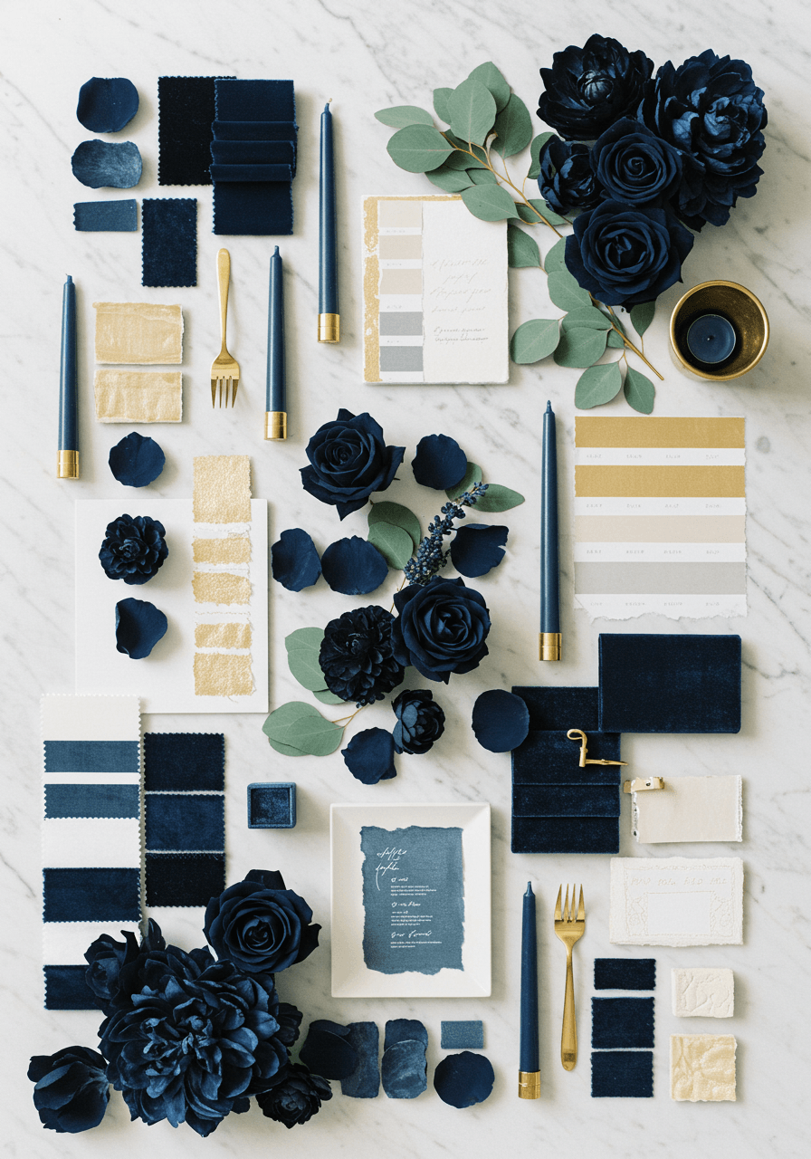 Navy blue and gold wedding mood board with deep indigo flowers, gold metallic swatches, and velvet textures