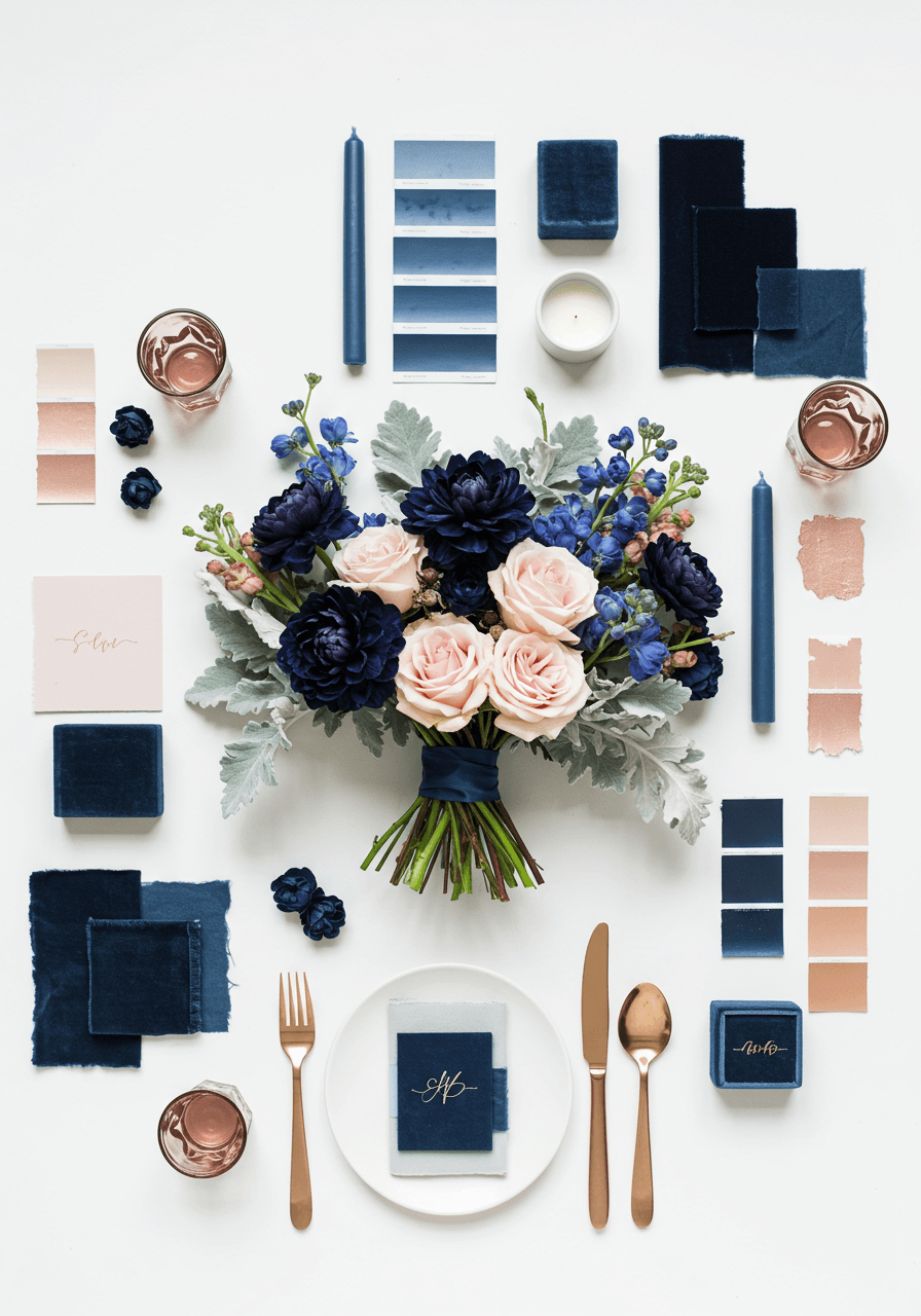 Midnight blue and rose gold wedding inspiration with delphiniums, dusty miller, and blush roses on white marble