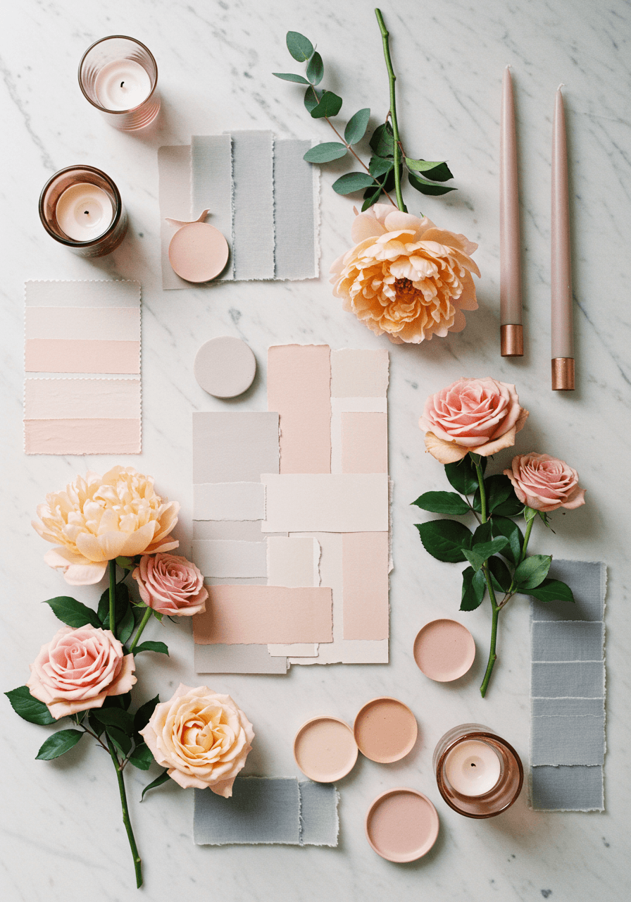 Soft peach and gray wedding mood board with peach peonies, dusty rose, and elegant gray accents