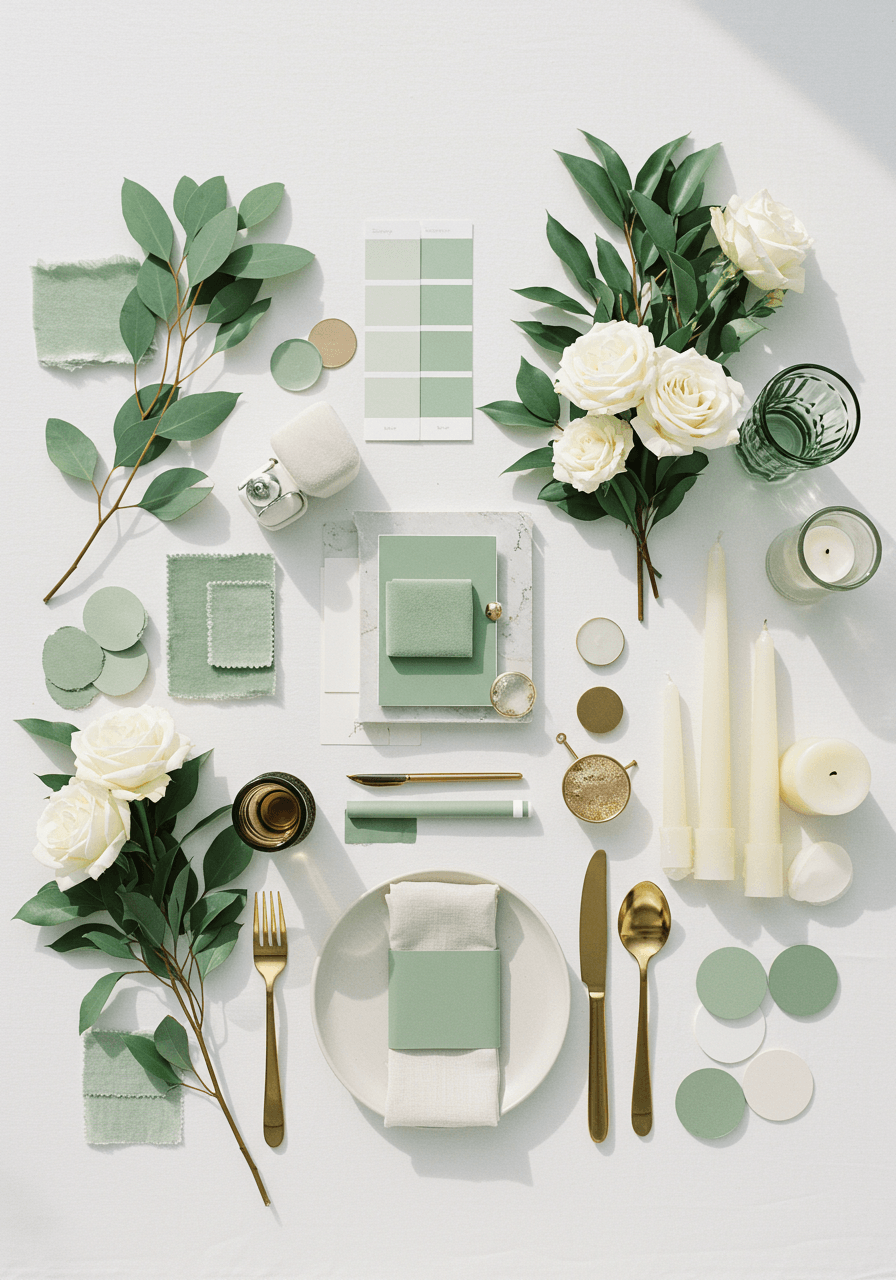 Sage green and cream wedding mood board featuring eucalyptus, white roses, paint swatches, and elegant brass details on white marble