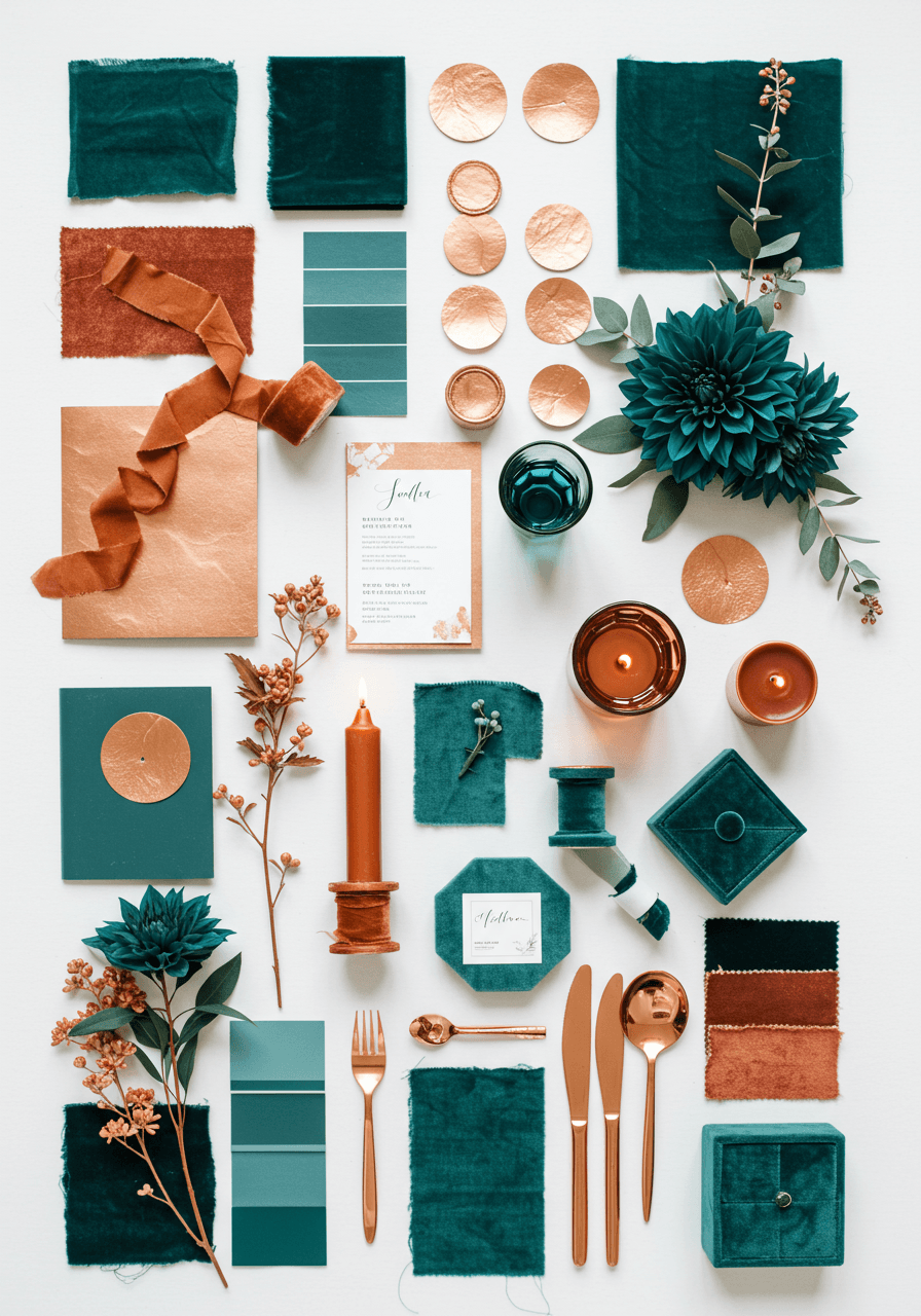 Deep teal and copper wedding mood board with rich jewel tones and metallic copper accents