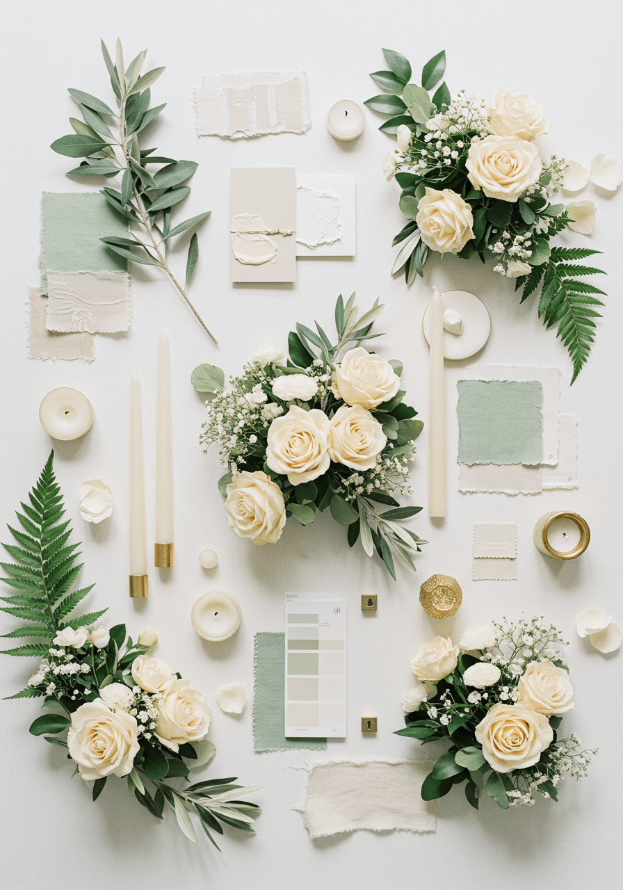 Cream and greenery wedding mood board with cream roses, eucalyptus, and natural textures on marble
