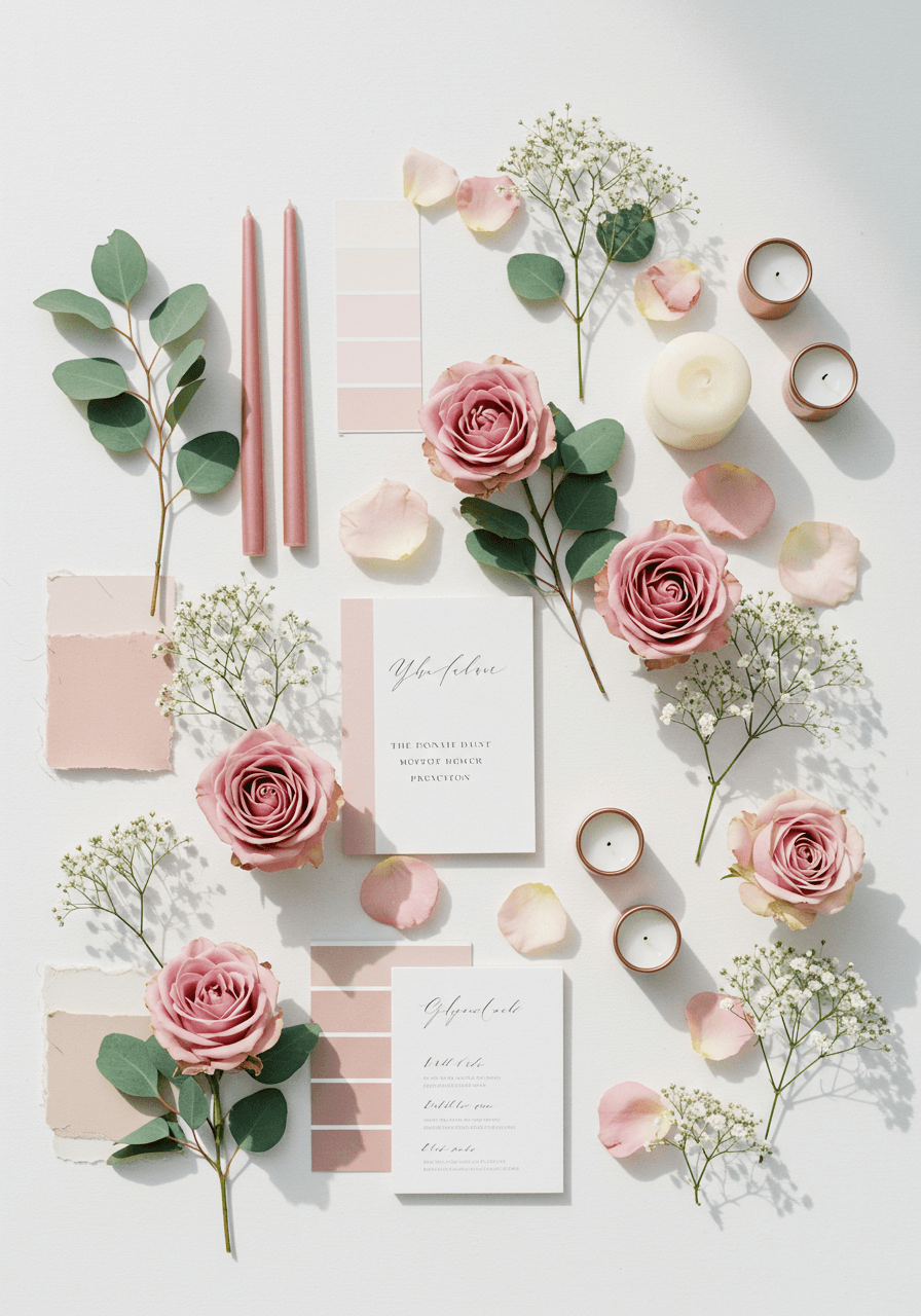 Dusty pink and eucalyptus wedding mood board with soft roses, baby's breath, and sage greenery