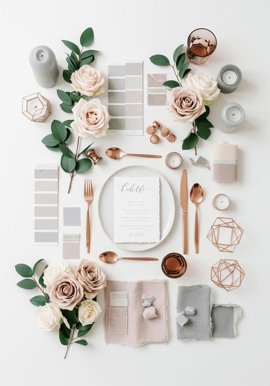 Warm gray and rose gold wedding mood board with blush roses, eucalyptus, and elegant metallic details