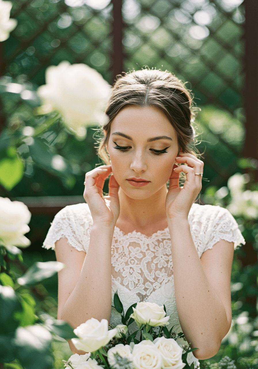Garden bride adjusting hair showing delicate eyeliner flicks in romantic outdoor setting with flowers