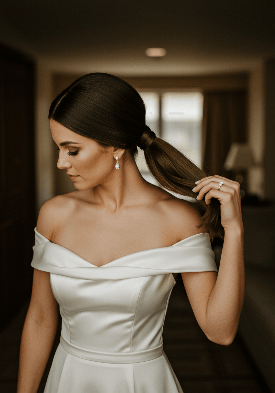 Close-up of bride's hand smoothing centre-parted low ponytail during bridal preparation in luxury hotel suite