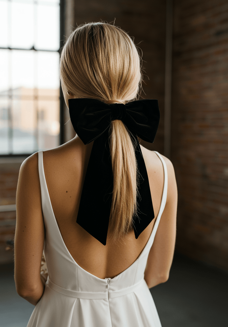 Contemporary bride with ultra-sleek ponytail and dramatic black velvet bow in chic urban loft space during golden hour