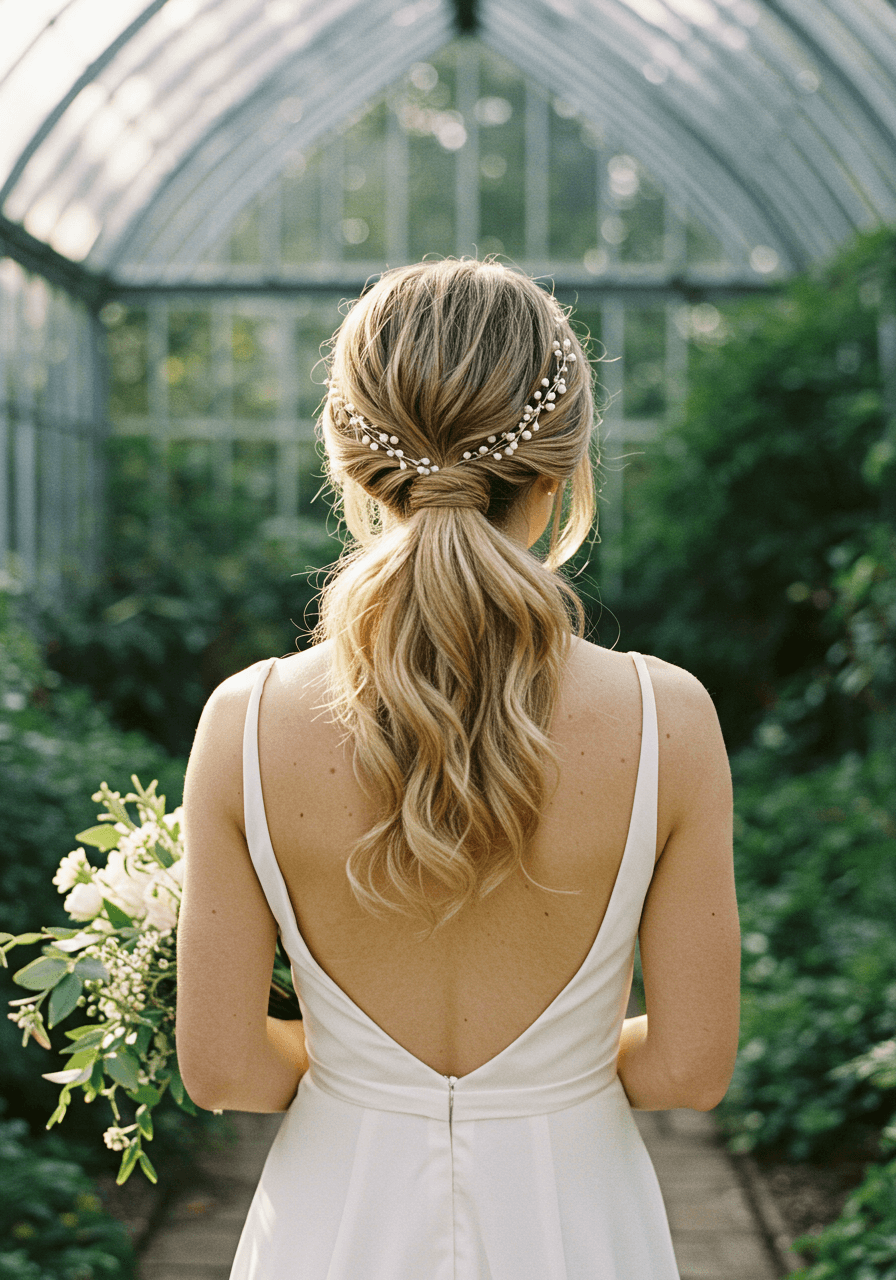 Bride with effortlessly textured low ponytail featuring loose tousled waves in sunlit garden conservatory surrounded by lush greenery