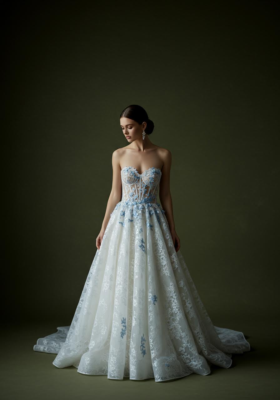 Aerial view of blue lace A-line gown showing full silhouette and lace placement