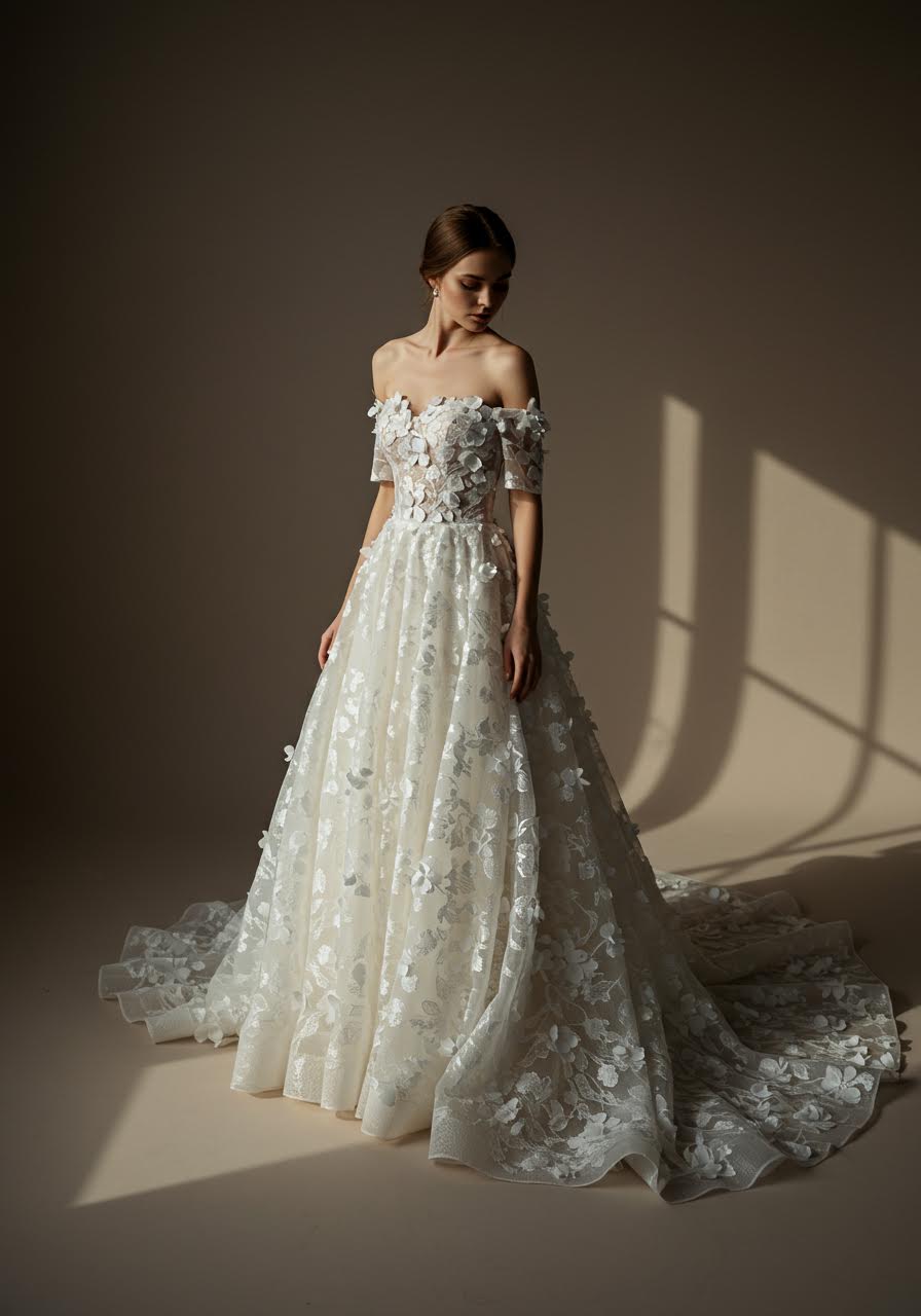 High angle view of floral lace ball gown showing elaborate construction and artistic placement