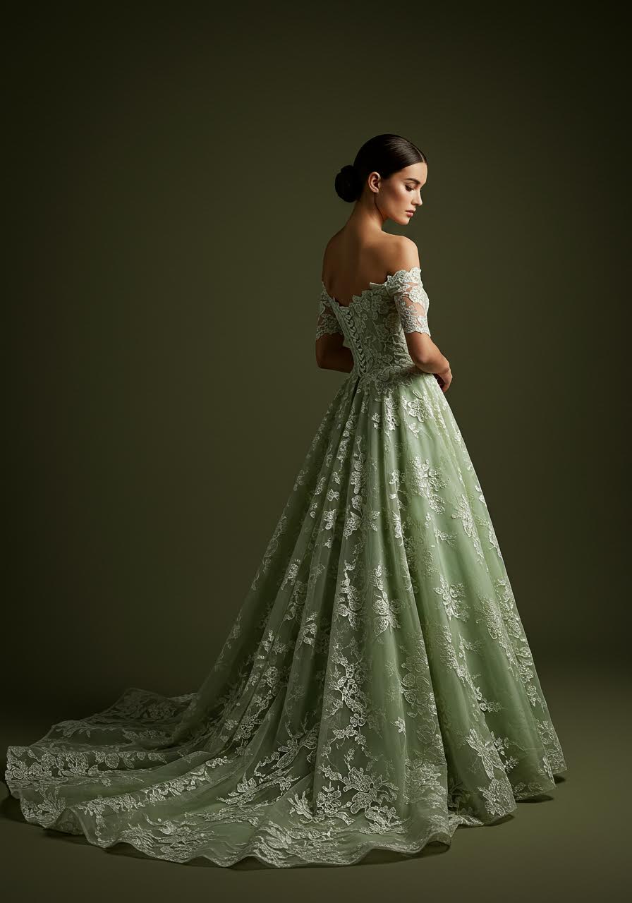 Ethereal sage green lace ball gown with dramatic volume and sophisticated botanical details