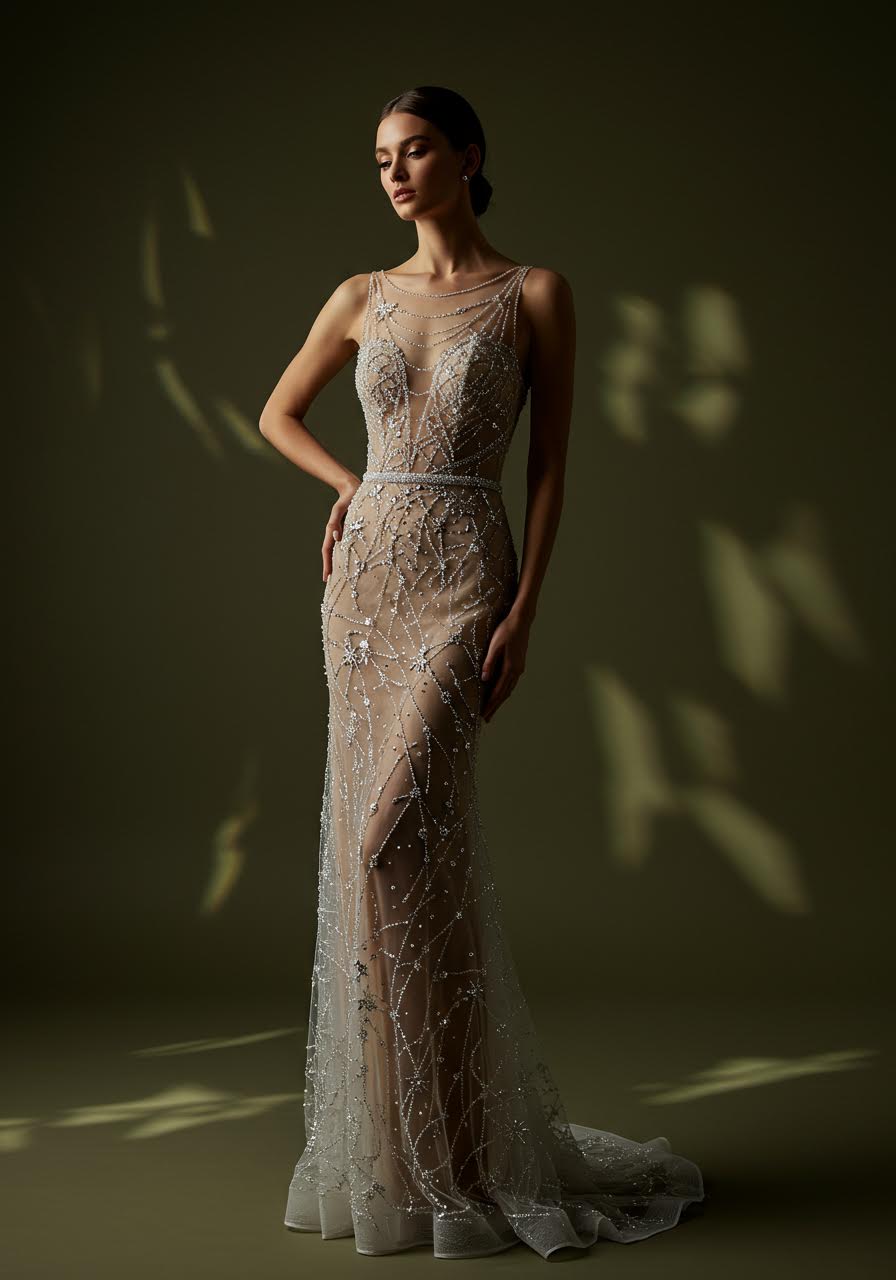 Close-up detail of starlight constellation embellishments on illusion wedding dress