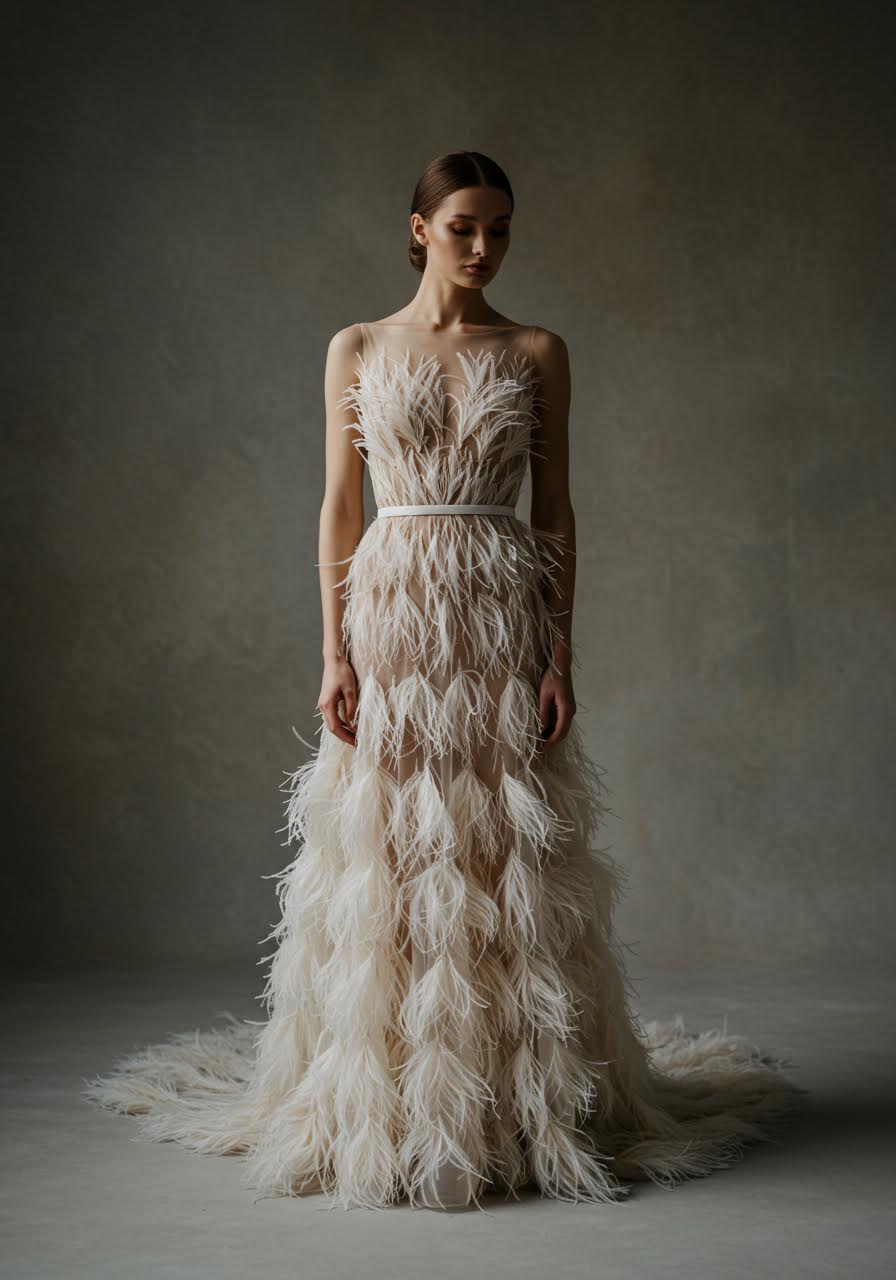 Ethereal feather appliqué wedding dress with delicate plumes on illusion tulle