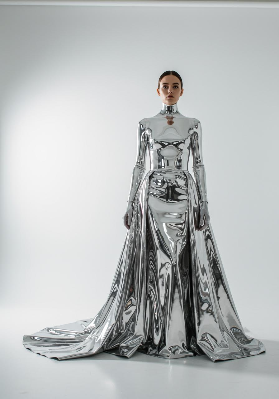 Moulded chrome wedding gown showcasing liquid metal construction techniques