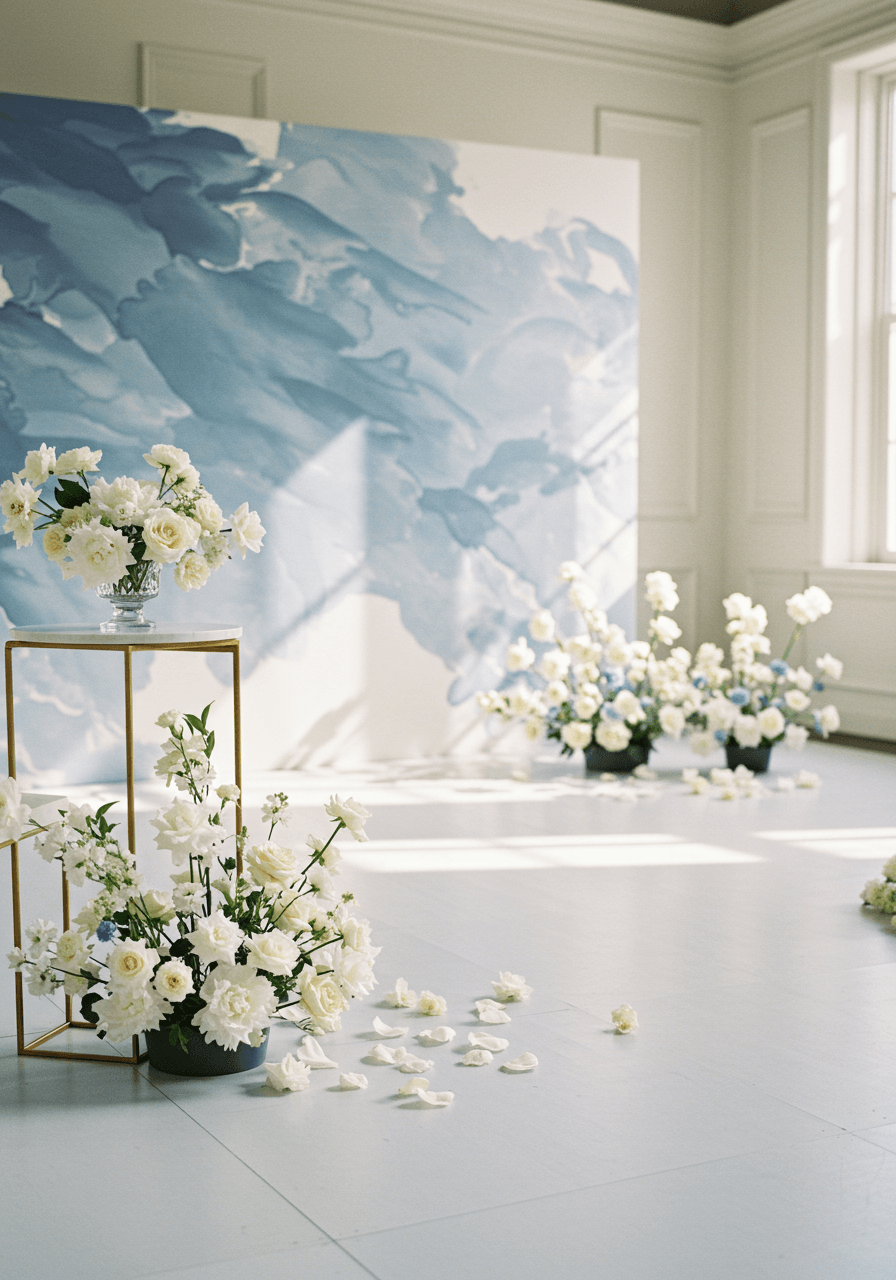 Close-up view of watercolour altar backdrop with artistic brushstroke patterns