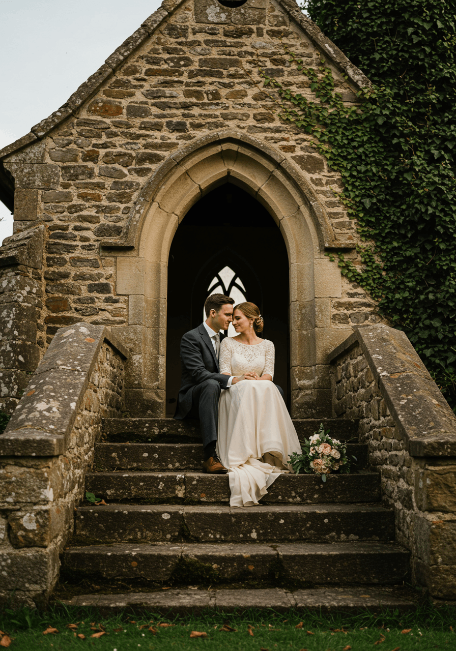 Newlywed couple in intimate moment on stone chapel steps with ivy and rose petals